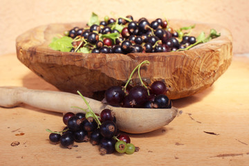 Ribes nigrum commonly The blackcurrant or black currant in a wooden pot on wooden background, in artistic Still life style