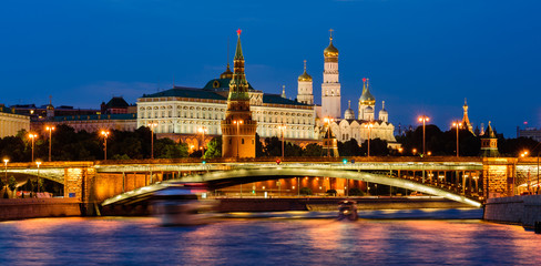 Sightseeing Of Moscow, Russia. Wide panoramic view of Moscow Kremlin and Moscow river. Beautiful night view.