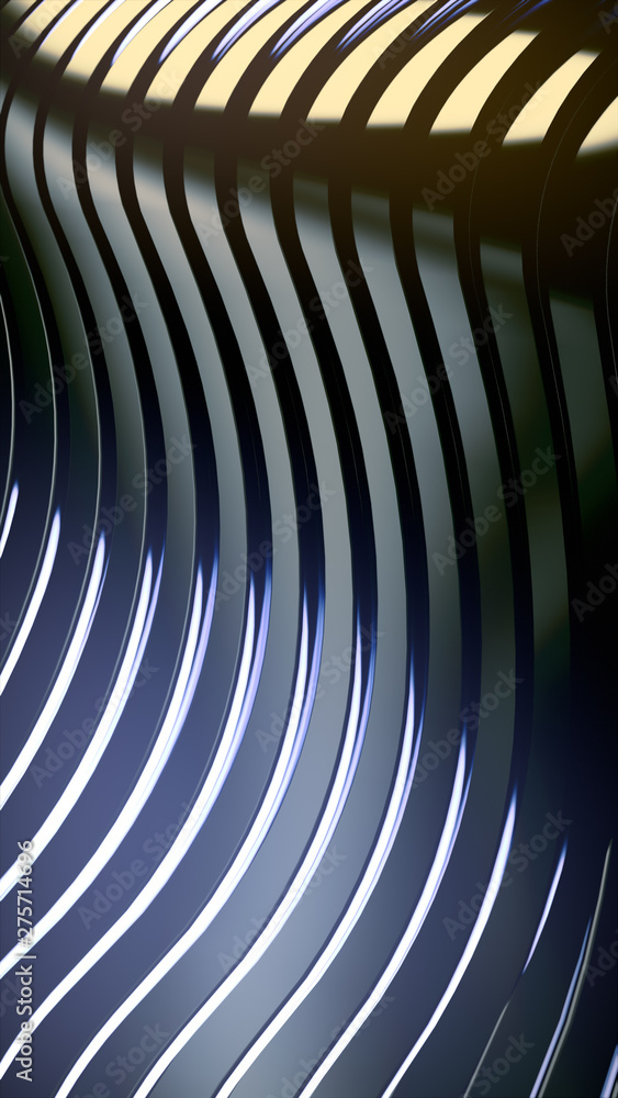 Poster wave band abstract background. bright colored reflections on dark metallic surface. 3d rendering