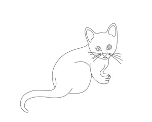 Simple black line drawing of a kitten, colouring page, vector illustration