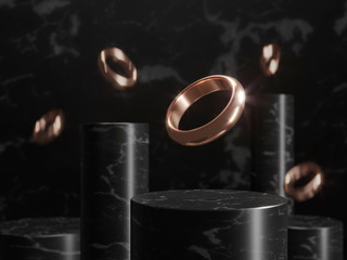 3d illustration ring gold fall drop on black marble