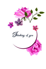 thinking of you - card. flower frame, roses, leaves, crayfish. In pink.