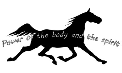 vector drawing, isolated black silhouette of a trotting horse on a white background, trot and inscription.