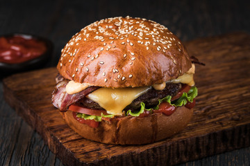 Burger on a wooden board