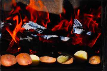 Wood burning in the fireplace closeup