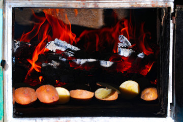 Wood burning in the fireplace closeup