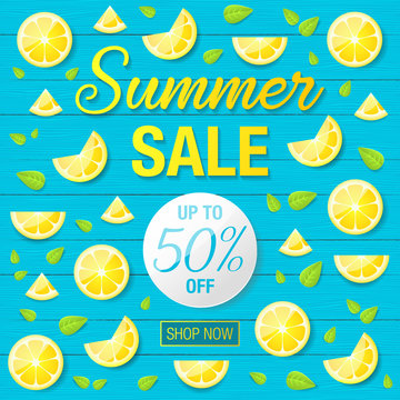 Summer sale discount special offer vector background with lemon slices 