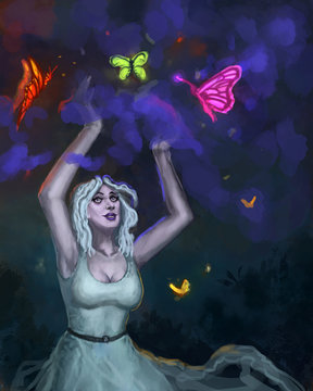 Painting of beautiful young woman performing illusion magic with butterflies in a purple cloud on a dark night - digital fantasy illustration