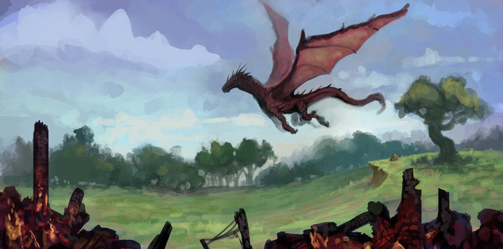 painting of red dragon flying over a lush green field with charred building remains in foreground - digital fantasy illustration