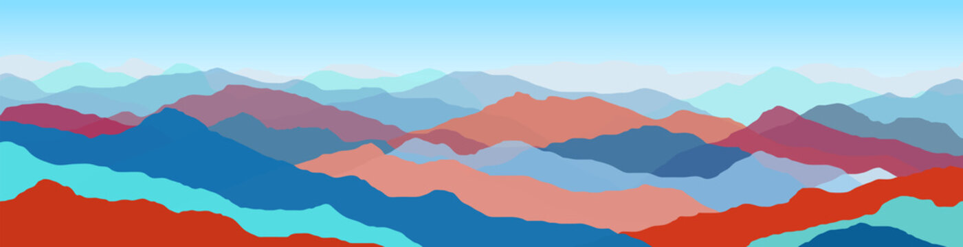 Flat mountain landscape. Color mountains, waves, abstract shapes, modern background, vector design Illustration for you project © alena.art.design