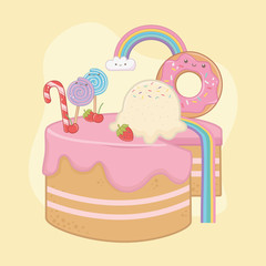 sweet cake of strawberry cream with kawaii characters