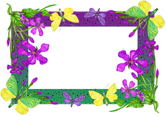 Bright frame with butterflies and exotic flowers