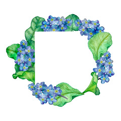 Watercolor hand painted squared frame with blue little flowers forget-me-not and big green leaves on the branches for invitations and greeting cards with the space for text