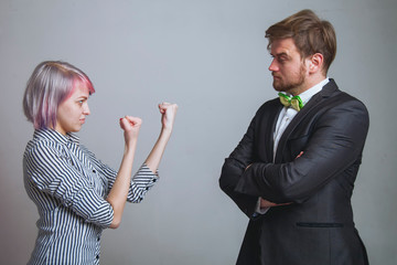 Man against woman get angry and fight. Aggression, negative emotions concept.
