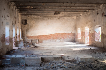 Abandoned factory, run down warehouse, centered space, left perspective, medium close