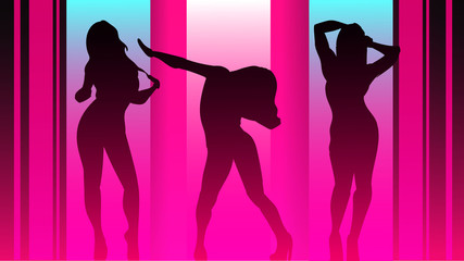 Silhouettes dancing girls in the club-style synthwave 80s. Retro wave pink glowing background.