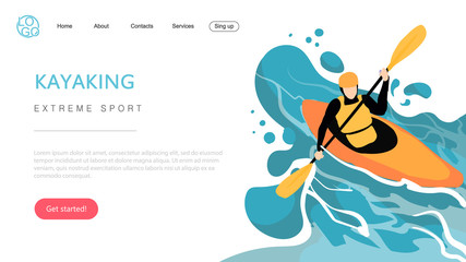 Landing page template of extreme sport kayaking. The Flat design concept of web page design for a kayaking website.