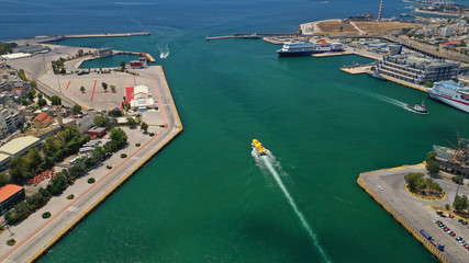 Fototapeta na wymiar Aerial view of famous busy port of Piraeus one of the largest in Europe, Attica, Greece
