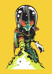 An evil alien invader in a space suit shoots a blaster. An alien in a comic style for prints on t-shirts, posters.