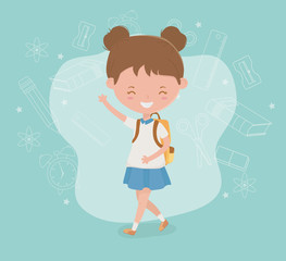 little student girl with school supplies