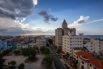 Naklejka premium Aerial view of the Havana City, Capital of Cuba, during a vibrant cloudy day.