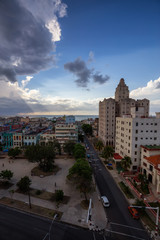 Aerial view of the Havana City, Capital of Cuba, during a vibrant cloudy day.
