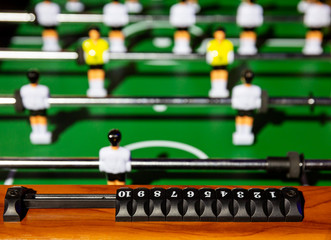 Classic foosball, keeping score from one to 10 points on the playing field close-up