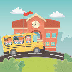 school building and bus with kids in the landscape scene