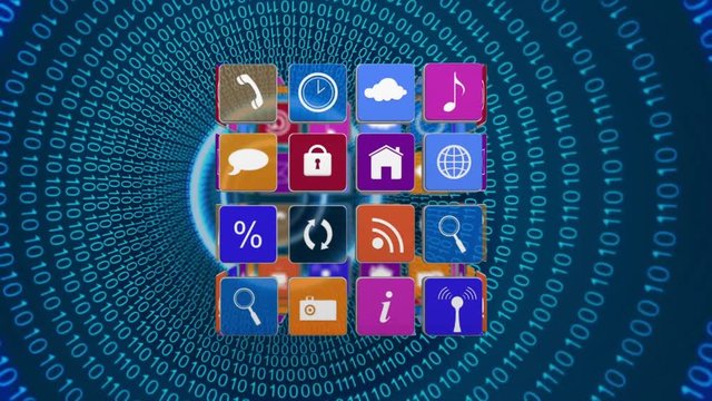 Internet icons in a cube with binary codes