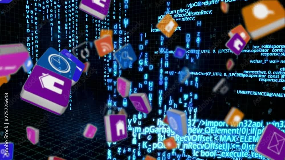 Poster internet icons and symbols on squares with computer codes