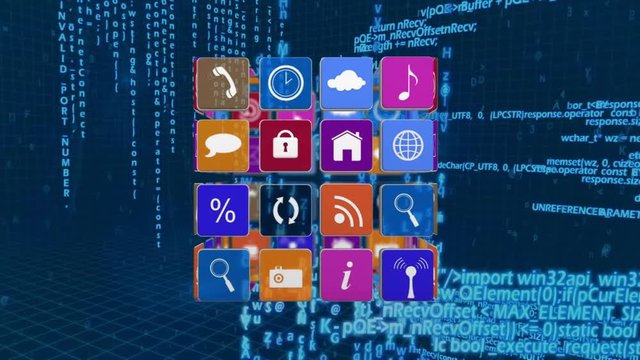 Internet icons on a cube with binary codes