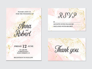 Trendy greeting card set with watercolor liquid flow. Tender ink art with gold glitter foil  splashes. Beauty salon card, wedding invitation, mood board design, vector.