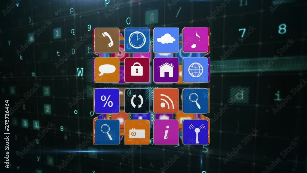 Poster online and application icons in squares in futuristic background