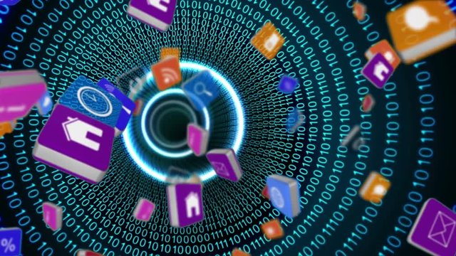 Online and application icons in squares and binary codes in the background