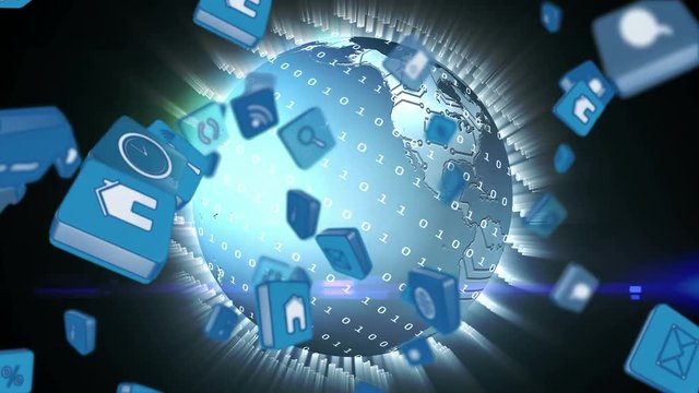 Online and application icons in squares and a globe