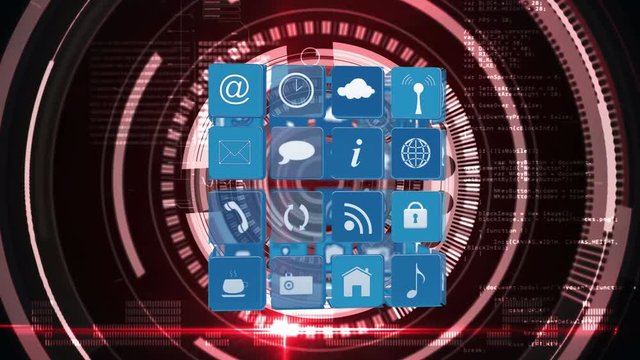 Online and application icons in squares and futuristic circles with program codes