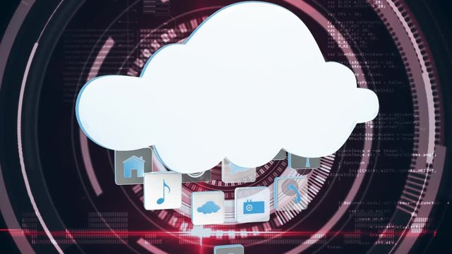 Cloud and different icons with digital circles and program codes in the background