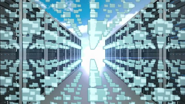 Lock icon and a corridor of server towers