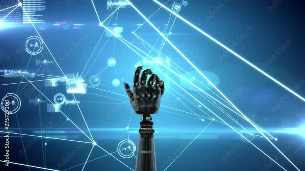 Poster robotic hand and asymmetrical lines with graphs