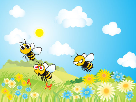 landscape nature cartoon with bees flying, flower and blue sky sun background