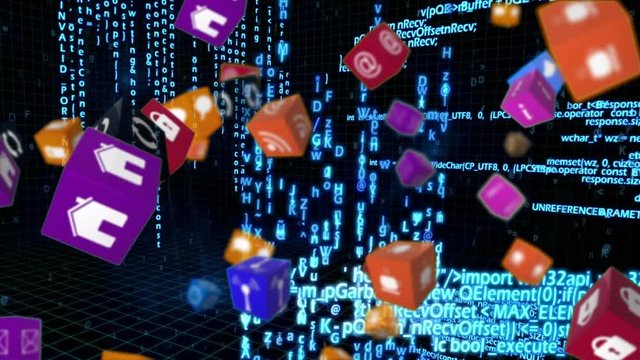 Online and application icons in cubes and program codes