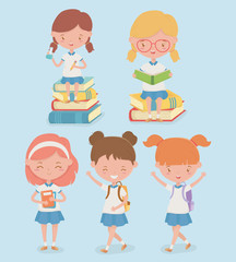 little students group with school supplies