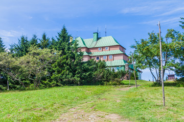 Masarykova chata building on Serlich mountain in Orlicke mountains, Czechia