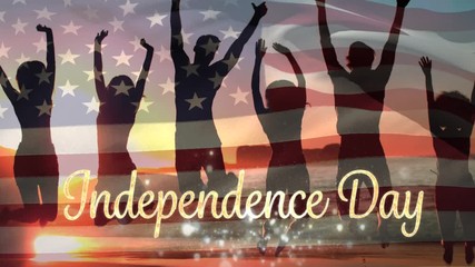 Friends at the beach and American flag with Independence Day text for fourth of July. - Powered by Adobe