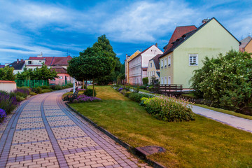 Park at the former moat and walls around the old town of Trebon, Czech Republic.