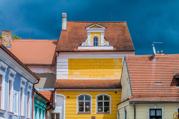 Traditional houses in the old town of Trebon, Czech Republic.