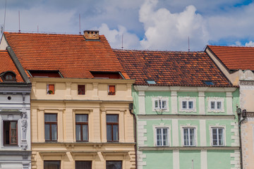 Fototapeta na wymiar Buildings at Premysl Otakar II. square in Ceske Budejovice, Czech Republic