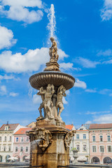 Fototapeta na wymiar Fountain at Premysl Otakar II. square in Ceske Budejovice, Czech Republic