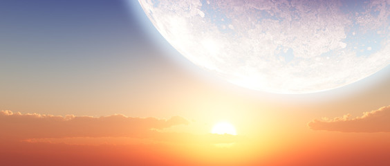 rendering of a peaceful sunset with huge moon and stars with soft colored sky and deep horizon