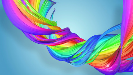 3d rendering of abstract rainbow color ribbon twisted into a circular structure on a blue background. Beautiful multicolored ribbon glitters brightly. 1